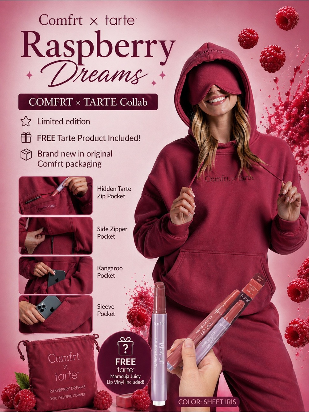 Comfrt x Tarte Raspberry Hoodie M NWT + Lip Vinyl Sheer Iris SOLD OUT